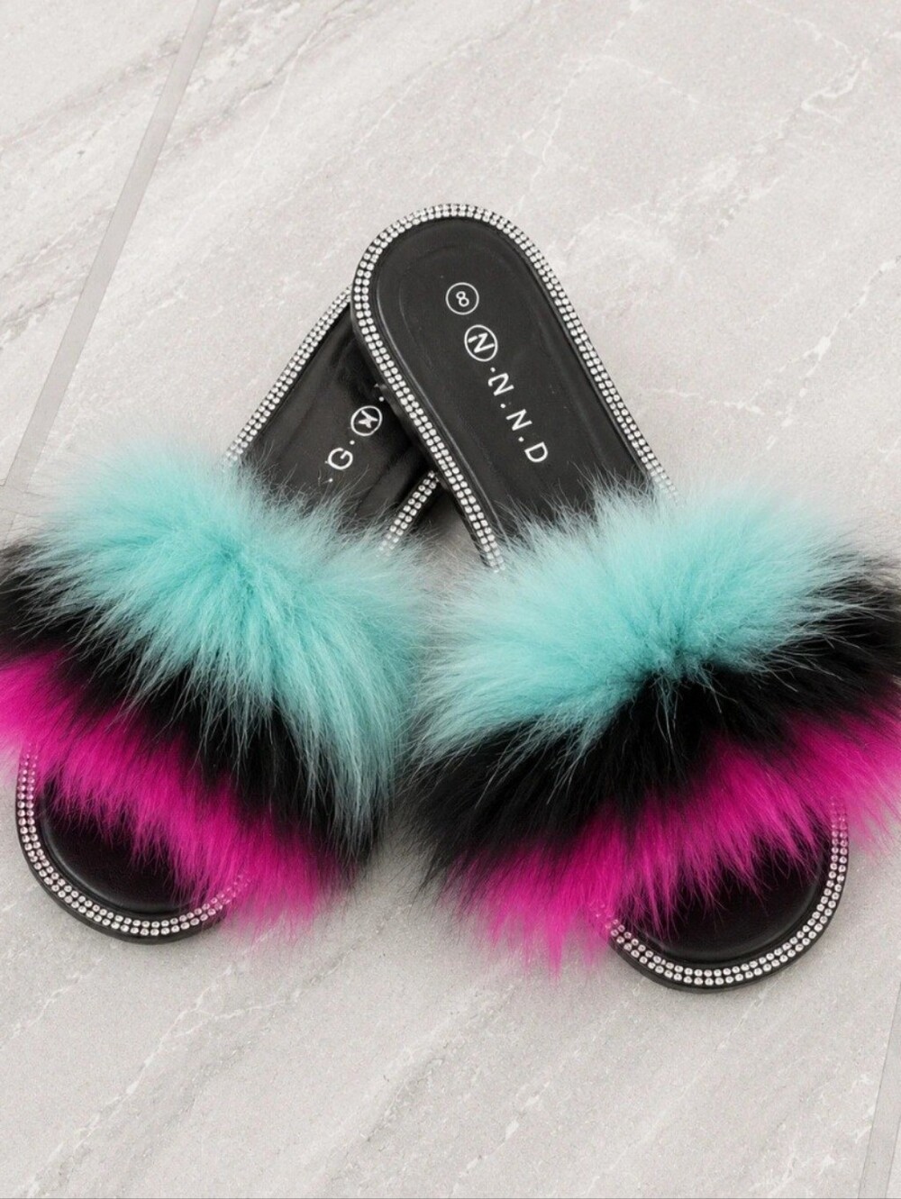 N.G.N.D. Multicolor Faux Fur Rhinestone Slide Sandals Y2K Glam Size 8